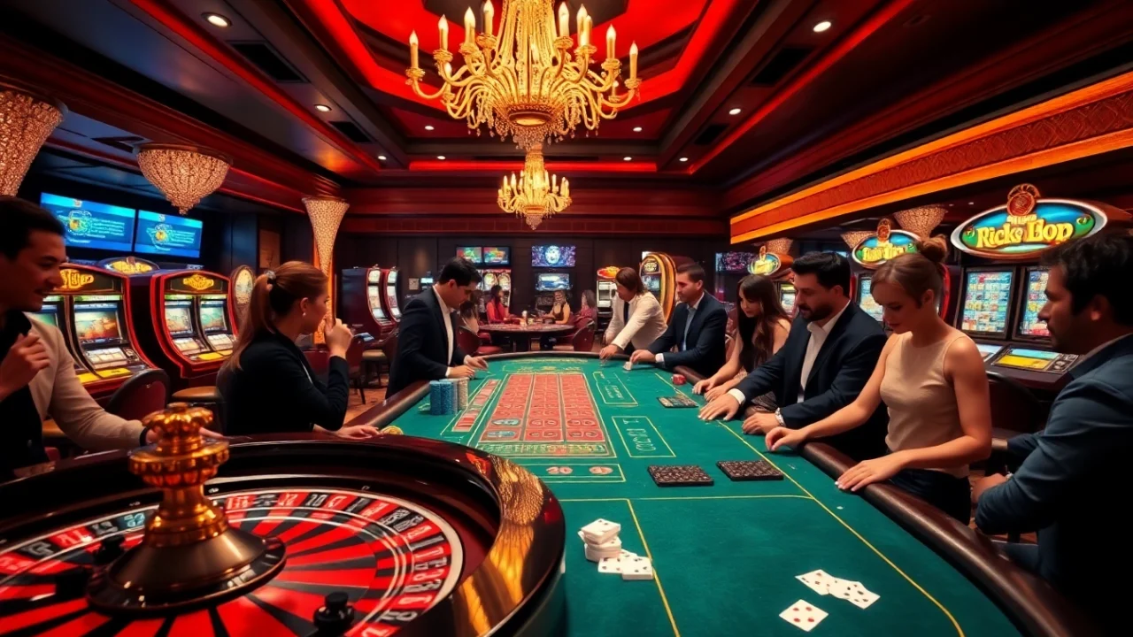 Excited players engaging in a high-stakes game at rik vip casino, showcasing poker chips and roulette.