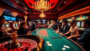 Excited players engaging in a high-stakes game at rik vip casino, showcasing poker chips and roulette.