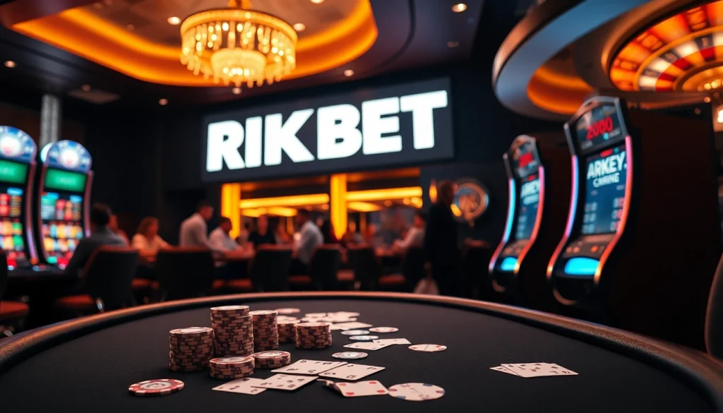 RIKBET players engaging with vibrant slot machines, poker tables, and exciting casino screens.
