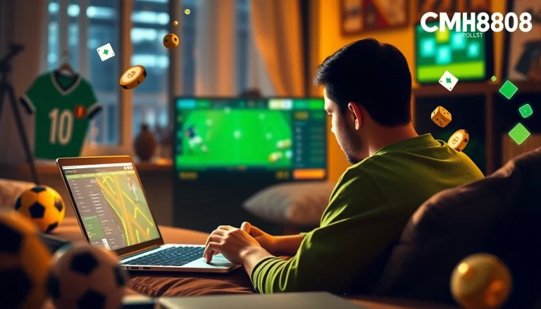 Betting enthusiast engaged on CM88.com with sports memorabilia, modern interface, and warm ambiance.