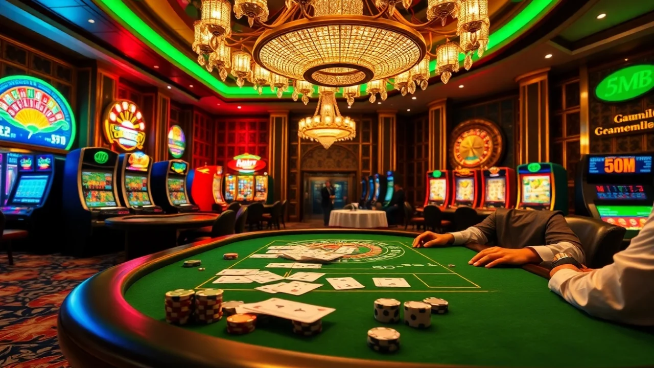 Strategic poker players engaged in a thrilling game at a 5MB table in a vibrant casino atmosphere.