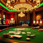 Strategic poker players engaged in a thrilling game at a 5MB table in a vibrant casino atmosphere.