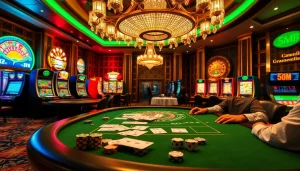 Strategic poker players engaged in a thrilling game at a 5MB table in a vibrant casino atmosphere.