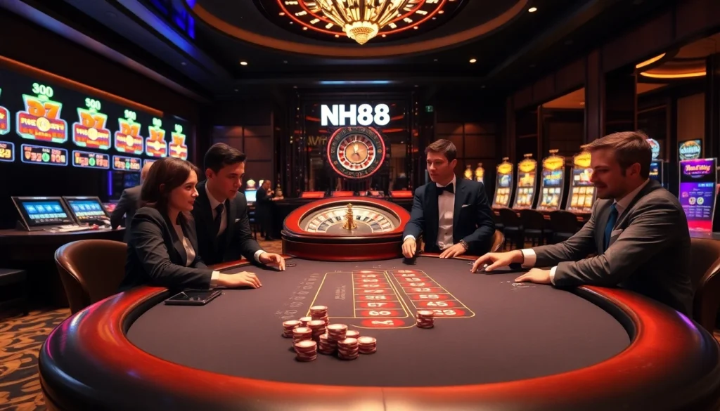 Experience the thrill of high-stakes poker at NH88 casino, featuring vibrant chips and professional players.