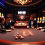 Experience the thrill of high-stakes poker at NH88 casino, featuring vibrant chips and professional players.