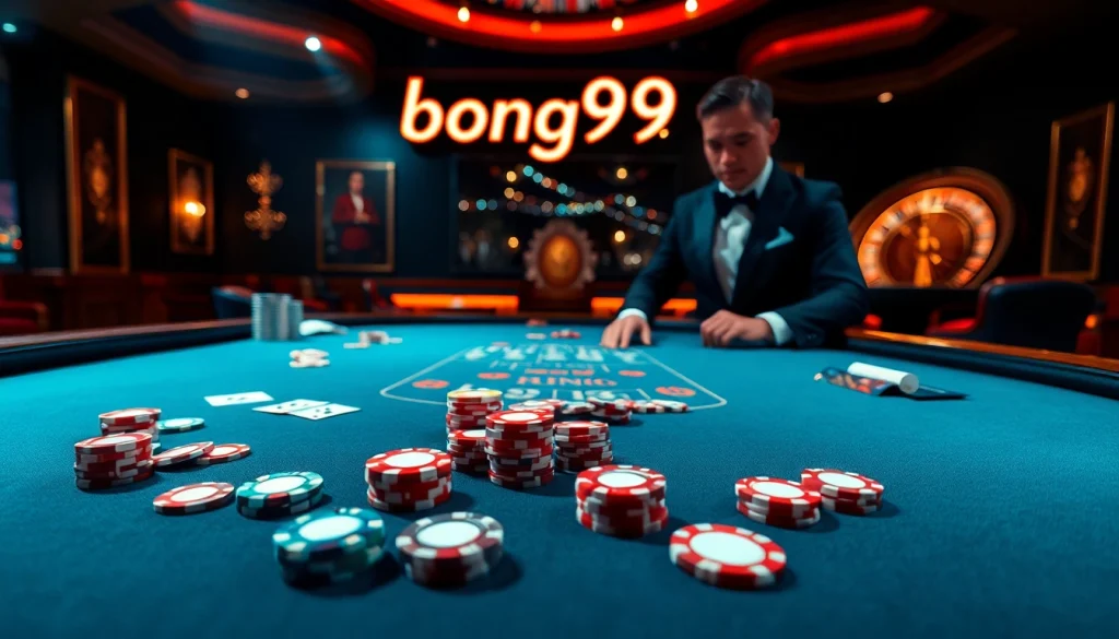 Experience high-stakes gambling at bong99 with a luxurious blackjack table and vibrant casino atmosphere.