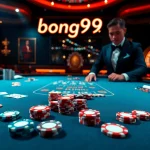 Experience high-stakes gambling at bong99 with a luxurious blackjack table and vibrant casino atmosphere.