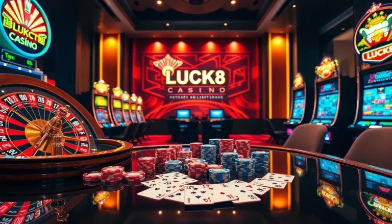 Engaging casino scene with LUCK8 branding showcasing dynamic gambling elements.