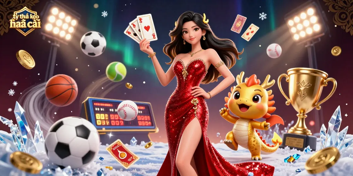 Bet on the latest tỷ lệ kèo nhà cái with a confident Asian woman in a stunning gown, 3D gold dragon mascot, and vibrant sports elements.