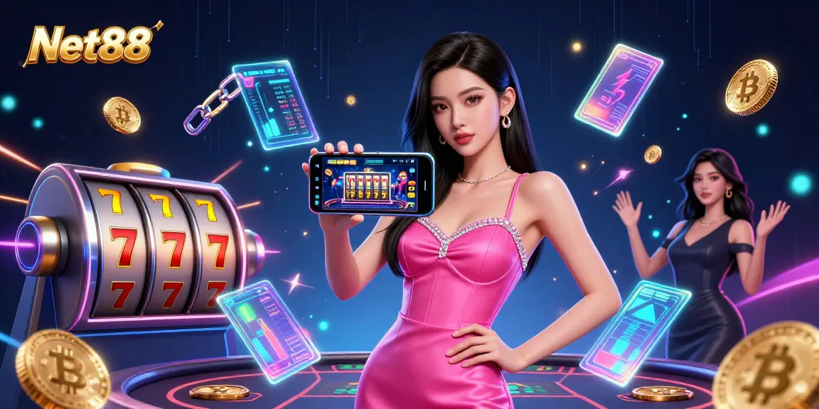 Try winning on Net88's live casino while a glamorous player holds her smartphone.
