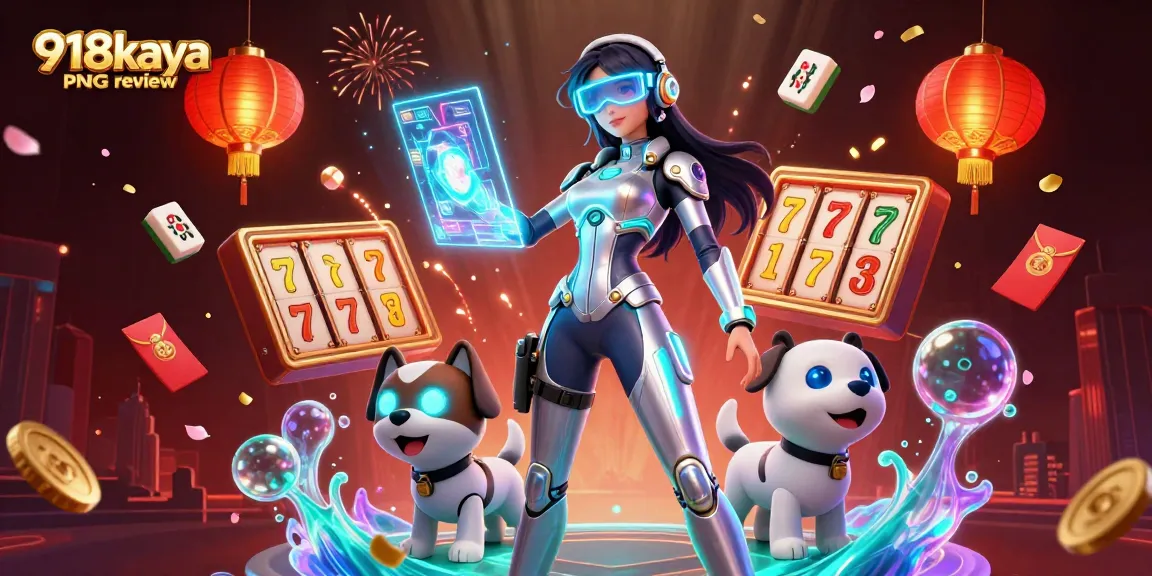 Engage with 918kaya PNG review showcasing a futuristic casino scene with vibrant 3D characters and dynamic elements.