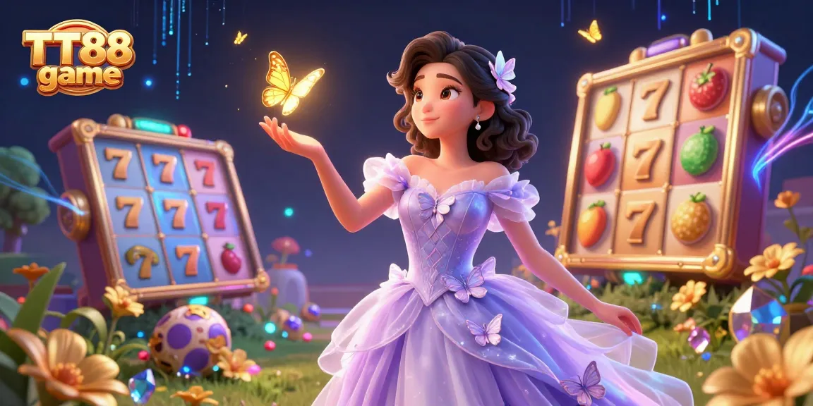 Experience the exhilarating TT88 game with vibrant slot machines, golden butterflies, and magical atmosphere.