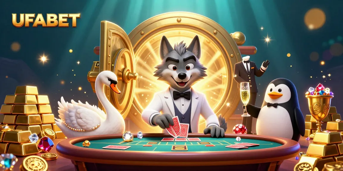Experience the luxury of UFABET with our engaging live dealer baccarat, featuring a suave wolf, elegant swan, and sophisticated penguin.