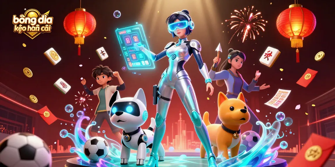 Place bets on bóng đá kèo nhà cái with a futuristic woman, robot dog, and dynamic sports elements.