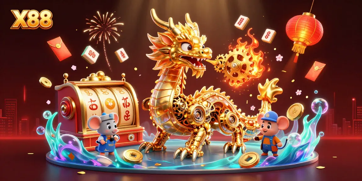 X88 offers an exhilarating gaming experience with vibrant slot reels and golden dragons.