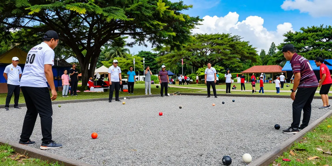 Diverse petanque players in a match at FOPI Kota Banjarbaru, capturing community spirit and excitement.