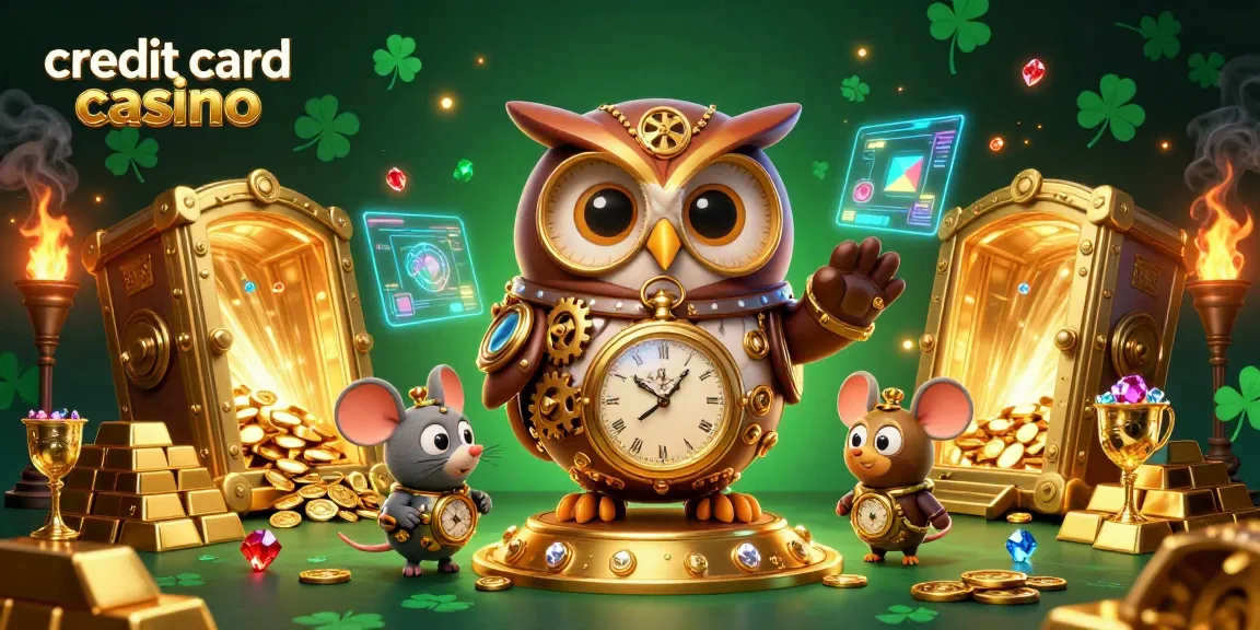 Engaging scene of a credit card casino featuring a charming owl and rich casino elements.