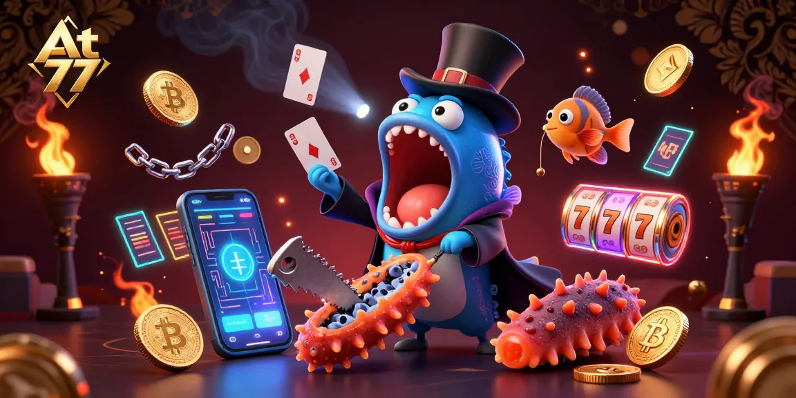 Win big with At 77 featuring an intricate magic act with sea creatures, coins, and casino elements.
