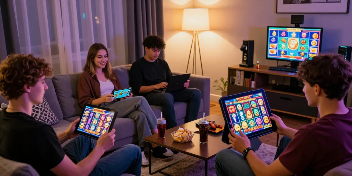 Excited players enjoying new online casinos UK on stylish devices in a vibrant living room.
