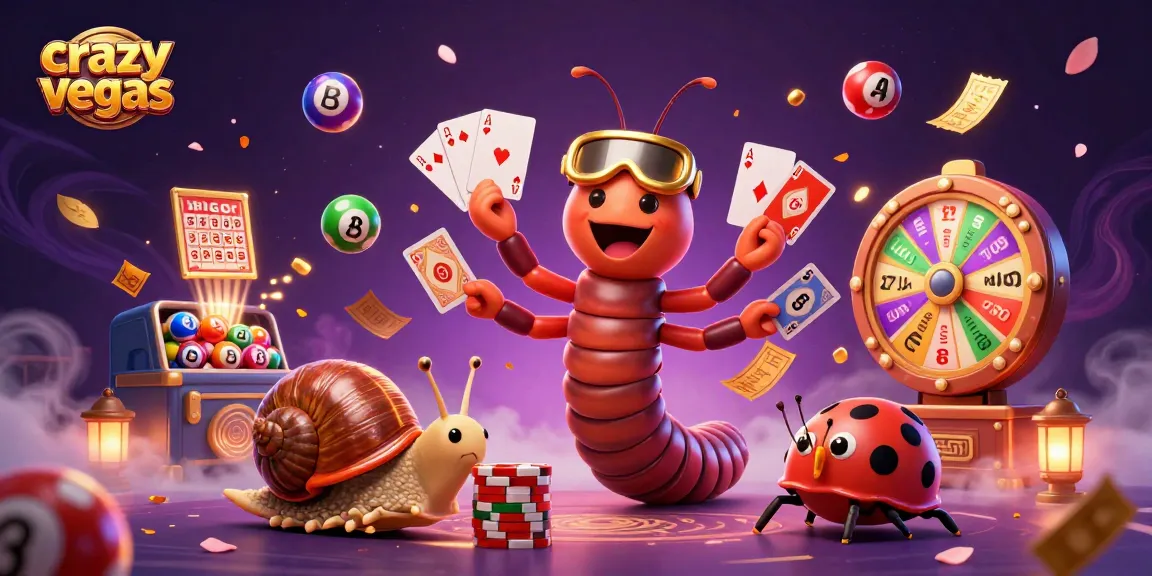 CrazyVegas features a millipede dealer showcasing playing cards amidst dynamic lottery elements in a vibrant casino scene.