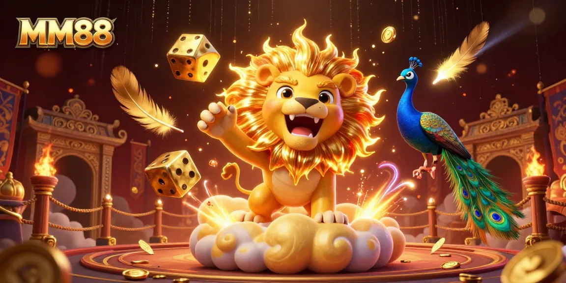 Experience the thrill of MM88 with vibrant characters and dynamic gambling elements in this 3D artwork.